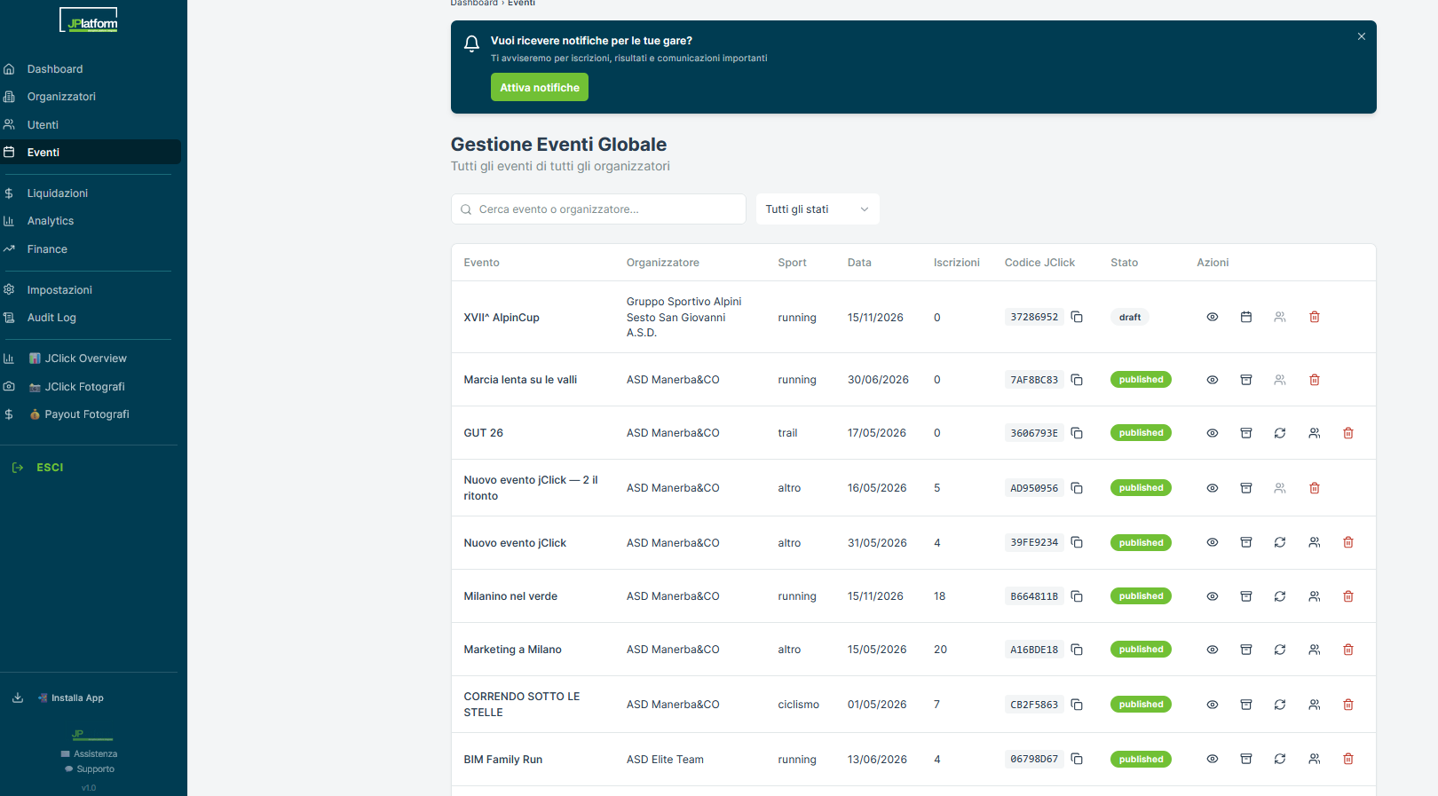 Gestione Eventi Globale JPlatform